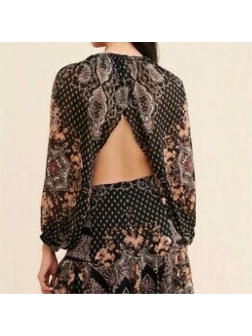 Free People Black and Taupe Paisley Long-Sleeve A-Line Dress - Picture 6 of 7